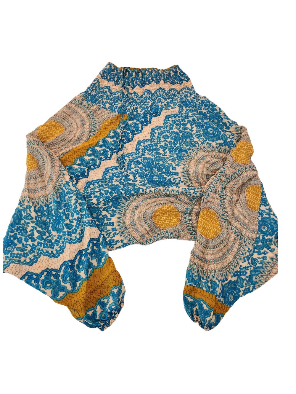 Harem Pants Blue Floral Smocked Waist  with Mustard Trim Size Extra Small To Sma